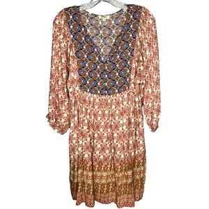 Umgee Mini Dress Women's Size Medium Mosaic Boho Floral flowy Tunic Hippie retro